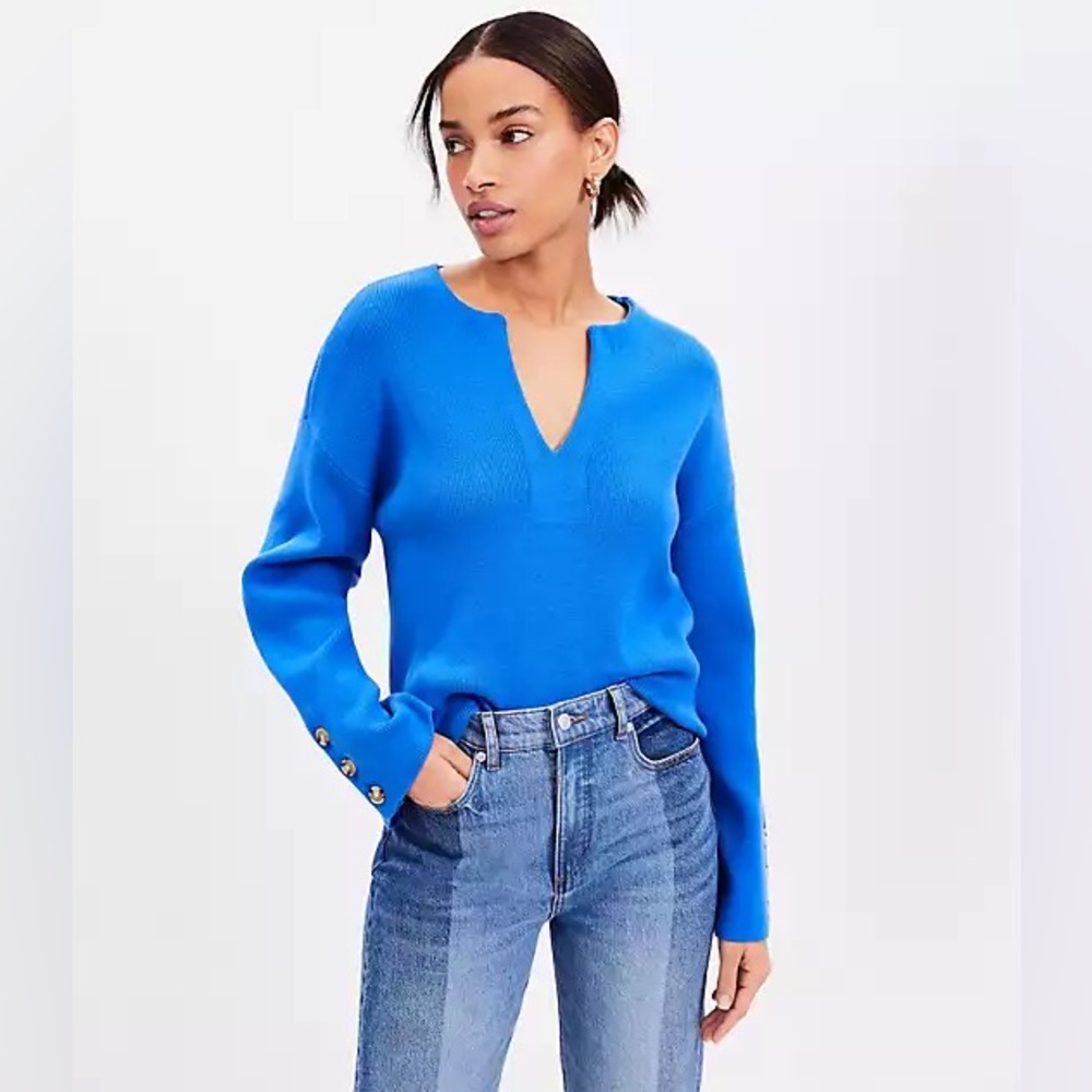 Loft Blue long-sleeved flared sweater, V-neck Size XL Cotton Casual Style